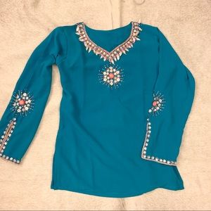 Hand beaded turquoise tunic